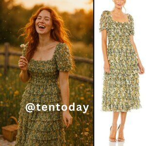 Mac Duggal 8232 Womens Size 20 Yellow Green Short Sleeve Ruffle Tea Length Dress